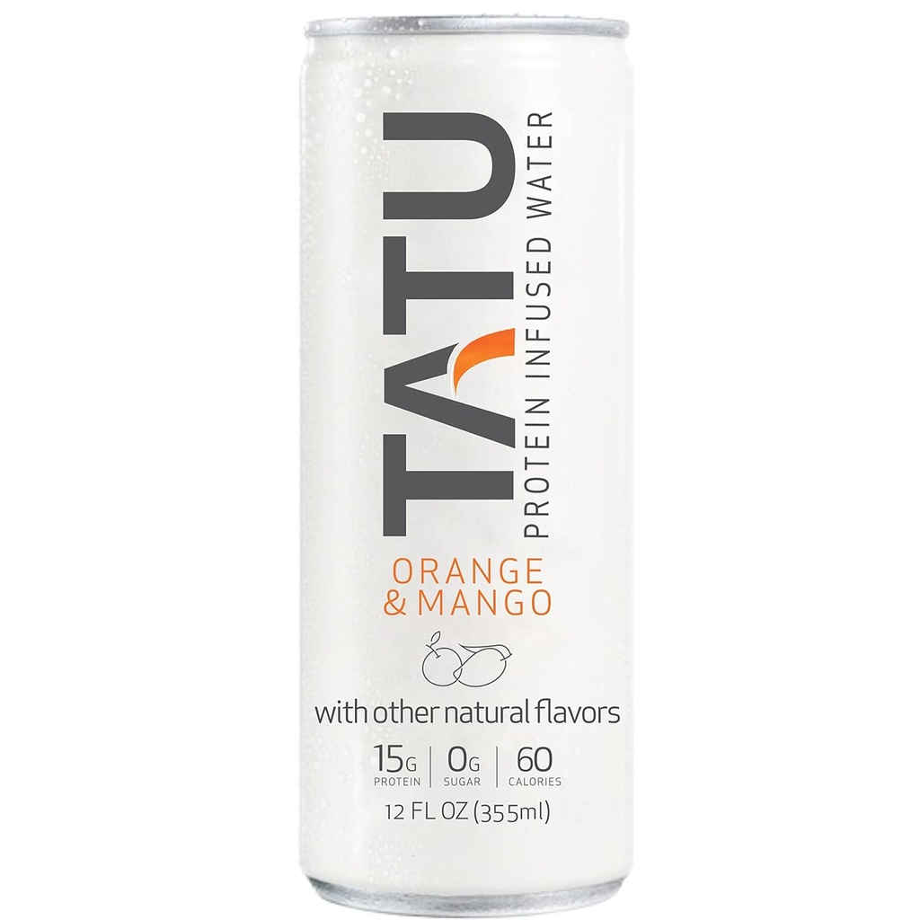 TATU Protéine prête à boire Infusion d'eau Mangue orange 4 Pack. 15 grammes d'isolat de protéines de lactosérum, 0 grammes de sucre, seulement 60 calories. Lemon Ginger et Orange Mango. Sans gluten, sans lactose.