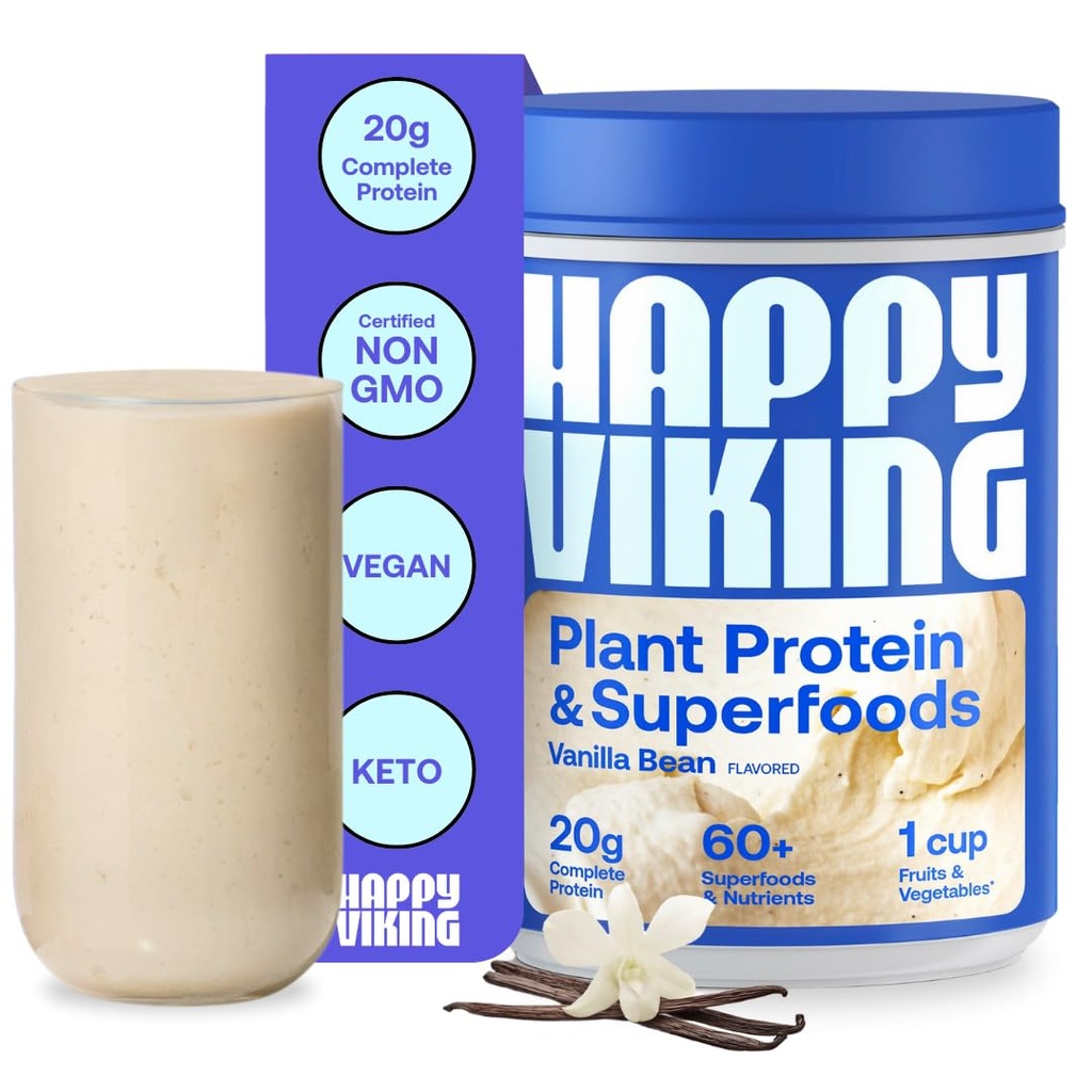 Happy Viking Vanilla Plant Protein Powder, Created by Venus Williams, 20G Protein, Low Carb, Keto, Vegan, Sans gluten, Non-OGM, Superfoods, Remplacement complet des repas, 1 boîte (24 oz.)