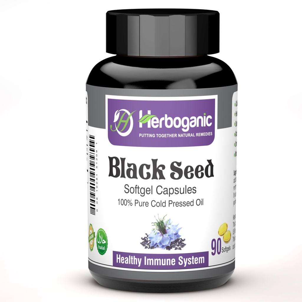 HERBOGANIC Capsules de softgels à l'huile noire/sevrée pressée à froid - 90 Compte - mélangé avec d'autres produits à base de plantes-supports Santé générale et immunité (Sevrage noir)