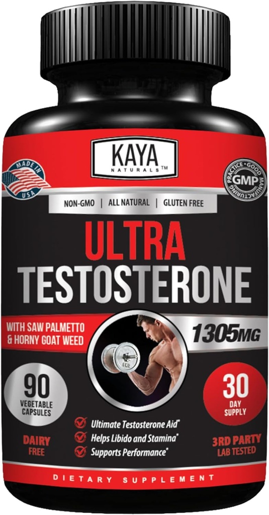 Kaya Naturals Ultra Testostérone - Booster de testostérone pour homme avec Tongkat Ali, herbe de chèvre en chaleur, Tribulus - Supplément d'entraînement naturel pour l'énergie, l'endurance et la force Booster - 90 Comte