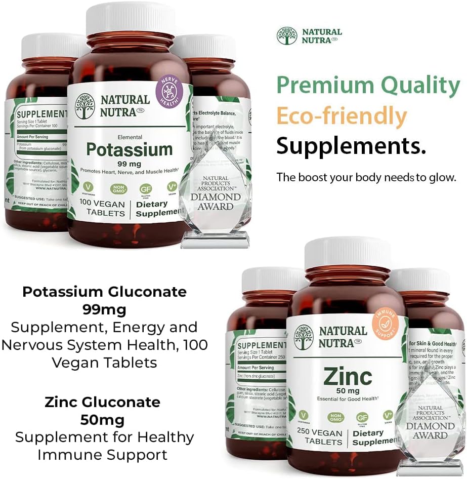 Natural Nutra Potassium Gluconate 99 mg et Zinc Gluconate 50 mg Suppléments contribue à maintenir l'immunité et le niveau d'énergie, sans gluten, essentiel pour une bonne santé.