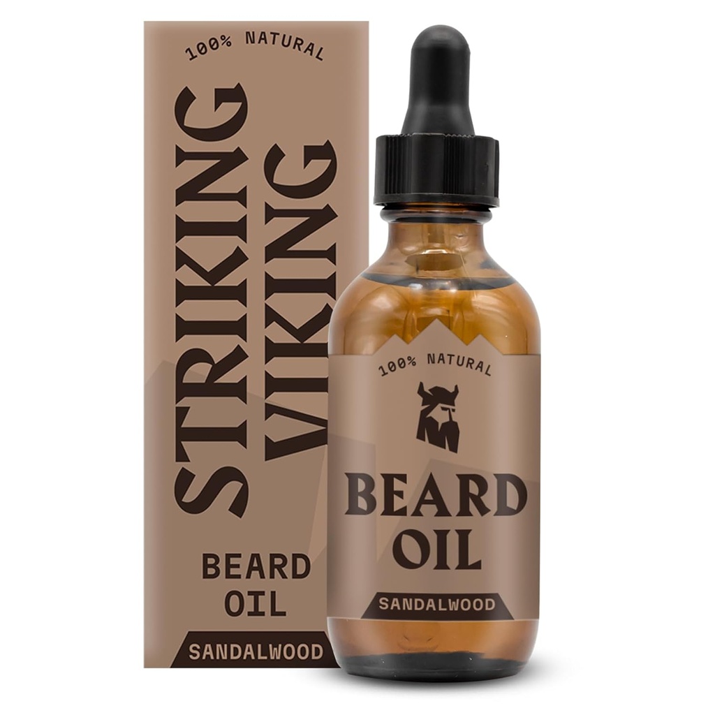 Huile de barbe de santal viking pour les hommes - 2 Fl Oz, Scent de santal - soin naturel hydratant et adoucissant de la barbe avec argan, jojoba, amande et arbre à thé - Non-Greasy, formule d'absorption rapide