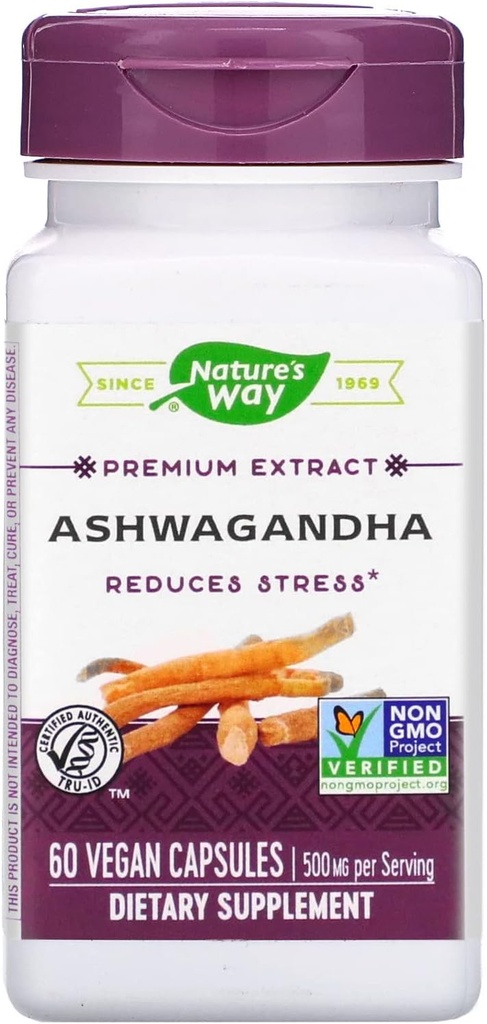 Nature's Way Ashwagandha, réduit le stress*, extrait Premium, Adaptogène*, projet non OGM vérifié, végétalien, 60 capsules