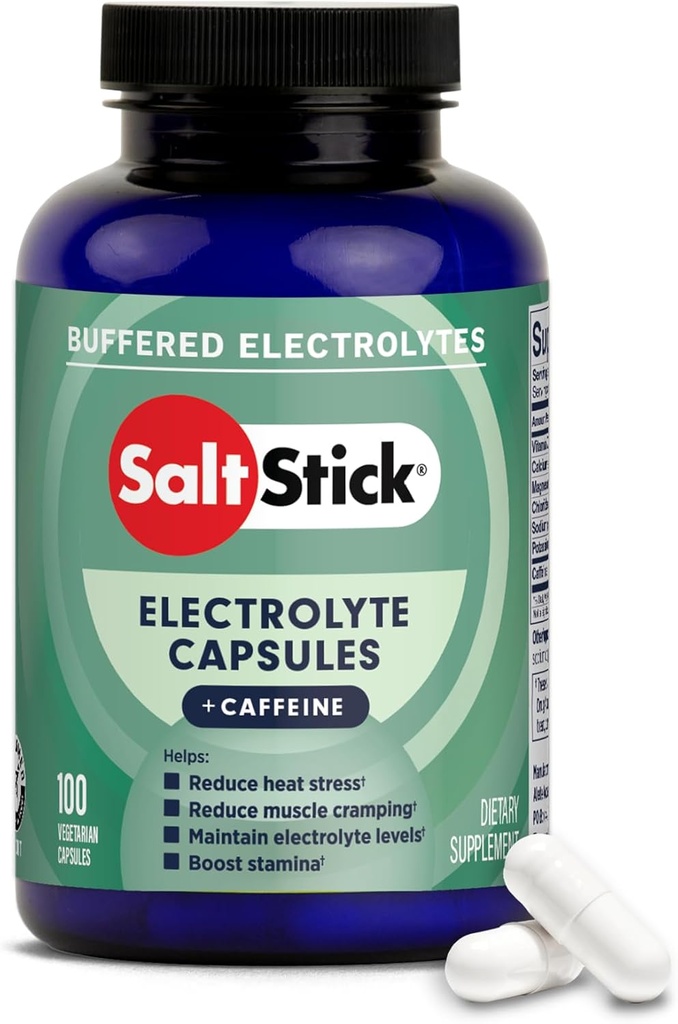 SaltStick Electrolytes à la caféine - Pilules et électrolytes pour la course, l'hydratation, le soulagement des crampes des jambes, la récupération sportive, l'essentiel de randonnée - sel, magnésium, potassium, vitamine D3 - 100 Compte