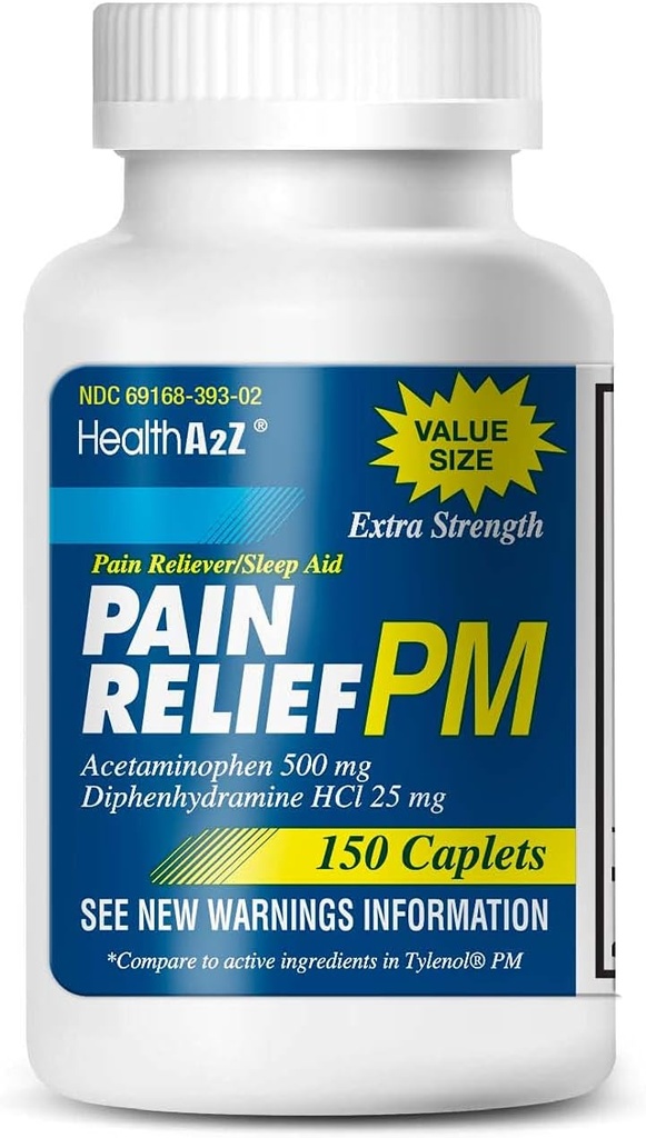 HealthA2Z® Extra Strength Pain Relief PM-L'acétaminophène 500mg-Diphenhydramine 25mg-L'aide à la douleur et au sommeil nocturne (150 Nombre)