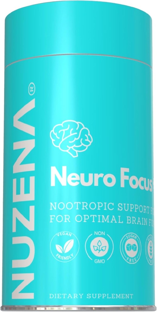 Nuzena Neuro Focus +, 60 Capsules de Formule Nootropique Avancée avec Choline pour améliorer la mémoire, la vitesse cérébrale, l'énergie et le focus, Fabriqué aux États-Unis, Taille du service: 2 Capsules