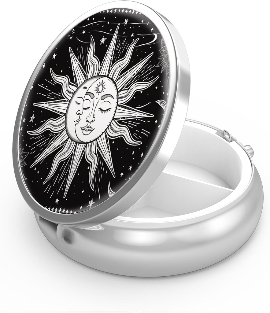 Boîte à pilules 3 Compartiment petit cas de pilule, Portable pour Pocket ou Purse Pill Organizer Porte-conteneur de pilules pour tenir les vitamines, les médicaments, l'huile de poisson et les suppléments (Soleil et Lune)