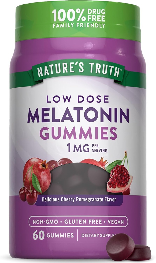 Nature's Truth Melatonin Gummies | 1mg | 60 Count | Cherry Pomegranate Flavor | Vegan, Non-GMO & Gluten Free Supplement
