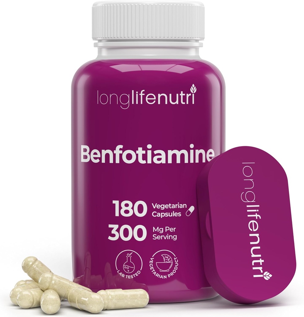 LongLifeNutri Benfotiamine 300mg – 180 Vegetarian Capsules, 6-Month Supply, Fat-Soluble B1 Thiamine Supplement for Energy and Wellness, Lab Tested, Made in USA