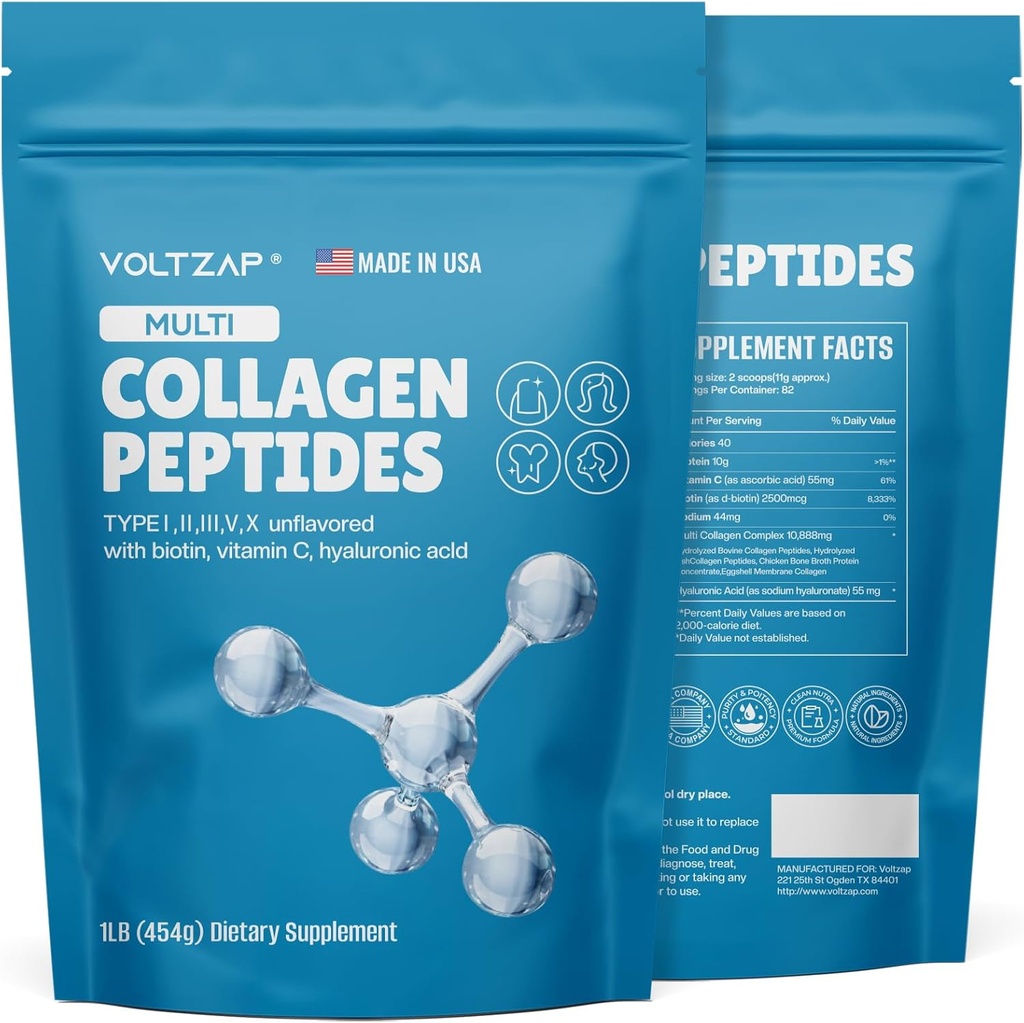 Poudre de Peptides Multi Collagène, Type I,II,III,V,X, Biotine & Vitamine C, Supplément naturel pour peau saine, cheveux, ongles, articulations - Non aromatisé
