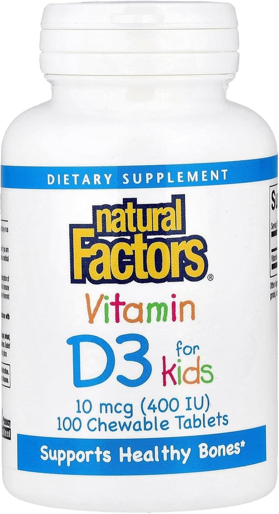 Facteurs naturels, vitamine D3 400 UI, soutient les os forts, les dents et la fonction immunitaire, 100 comprimés (100 portions)