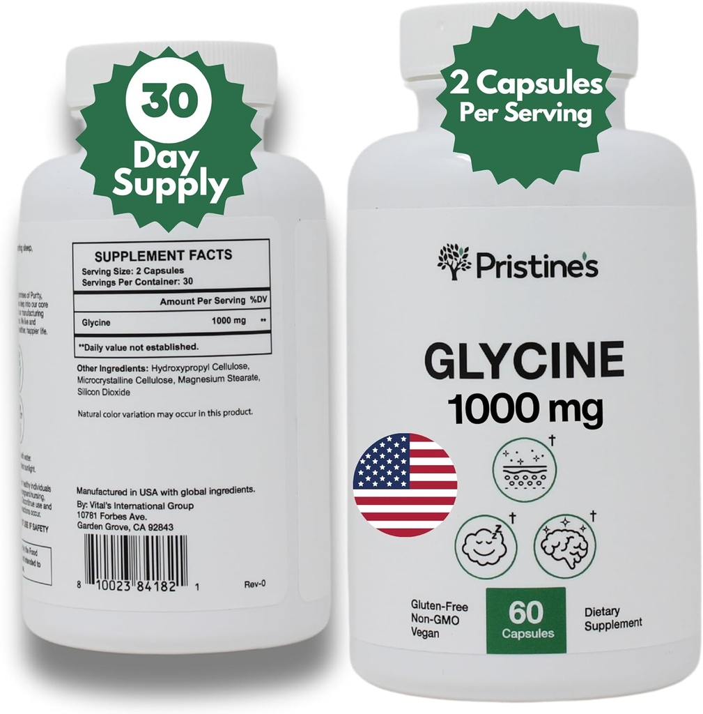 Old Label Glycine 1000MG Amino Acid Supplément Capsules de soutien du sommeil - 30 jours d'approvisionnement - Récupération des muscles, santé rénale et collagène