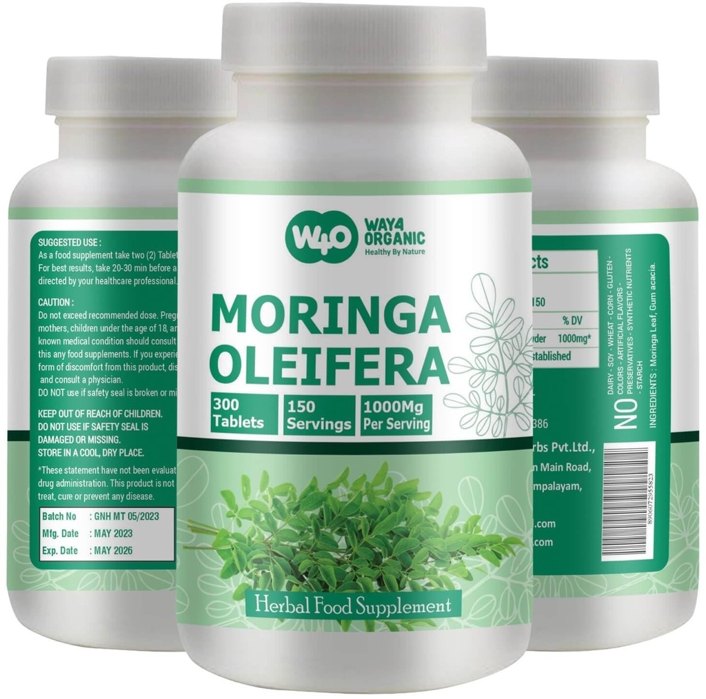 Moringa Capsules de poudre de feuilles (comprimés) - 300 pilules, 150 portions, 1000 mg (1 boîte)
