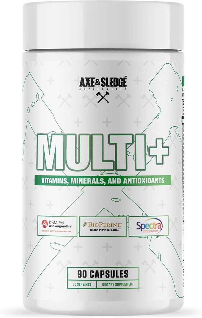 Axe & Sledge Multi Plus Multivitamin | 24 Bioavailable Vitamins & Minerals, Ashwagandha | Multivitamin for Women and Men for Daily Nutritional Support | 90 Capsules, 30 Servings