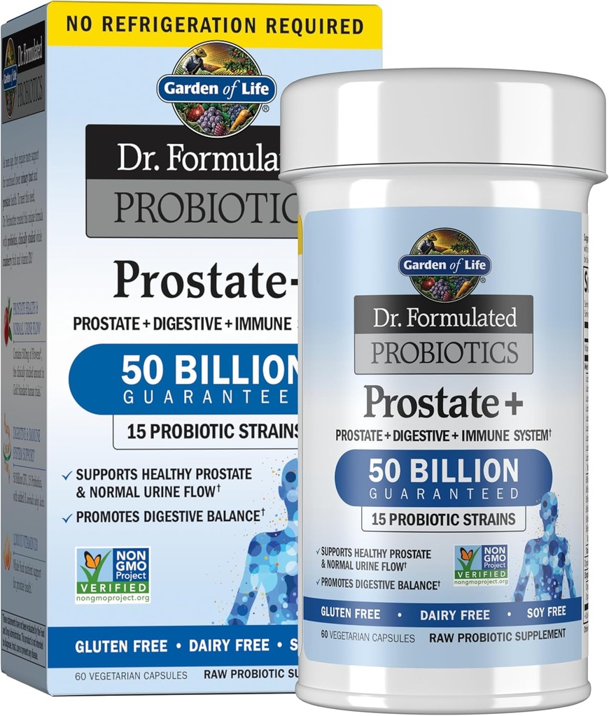 Jardin de la vie Dr. Formulé Probiotiques Prostate+ - Acidophilus et probiotique soutient la santé de la prostate et équilibre digestif - Étagère stable - sans gluten, lait et soja - 60 capsules végétariennes