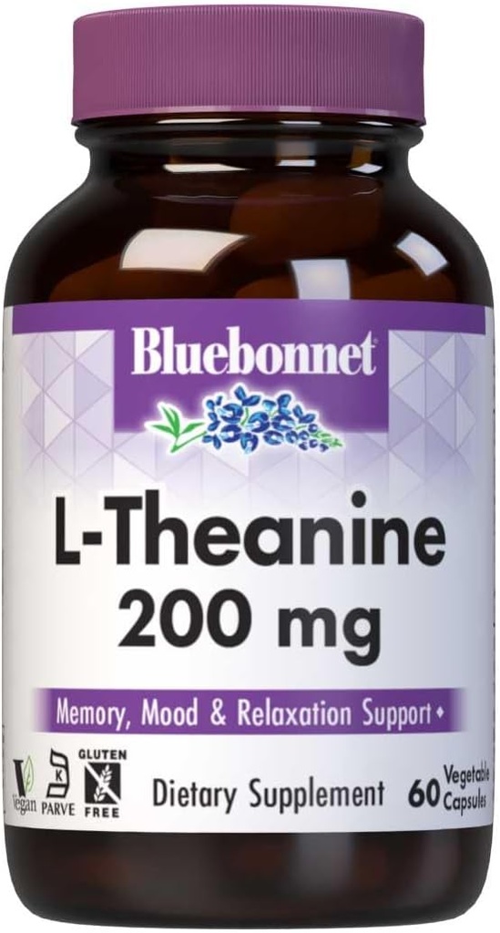 Bluebonnet Nutrition L-Theanine 200mg, acide amino de forme libre, favorise la relaxation*, sans soja, sans gluten, non-OGM, certifié Kosher, végétalien, 60 capsules végétales, 60 portions