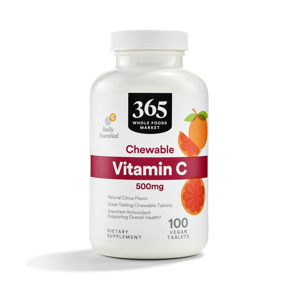 365 par Marché des aliments entiers, Vitamine C à croquer 500mg, Saveur naturelle d'agrumes, végétalien, 100 comprimés