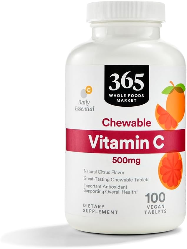 365 par Marché des aliments entiers, Vitamine C à croquer 500mg, Saveur naturelle d'agrumes, végétalien, 100 comprimés