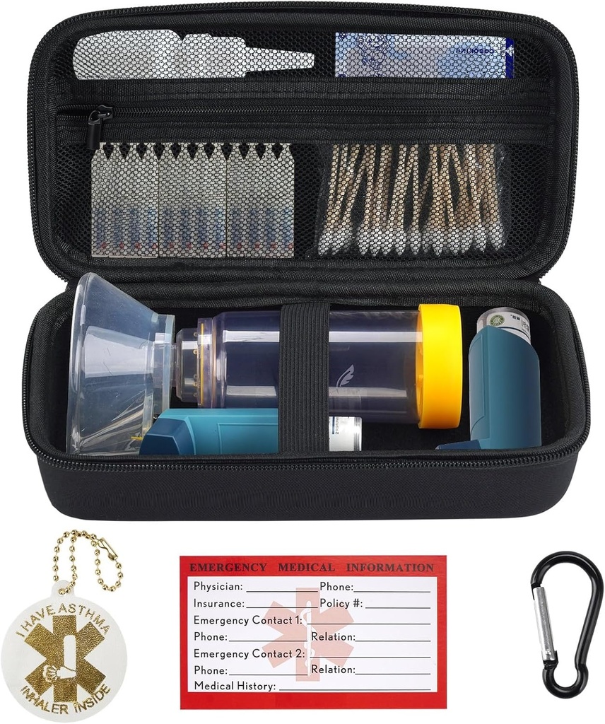 Case de transport pour l'inhalateur d'asthme, espaceur d'inhalateur pour adultes et enfants, masque, porte-inhalateur avec étiquette d'avertissement d'asthme et carte médicale, avec carabinier (cas seulement) (noir)