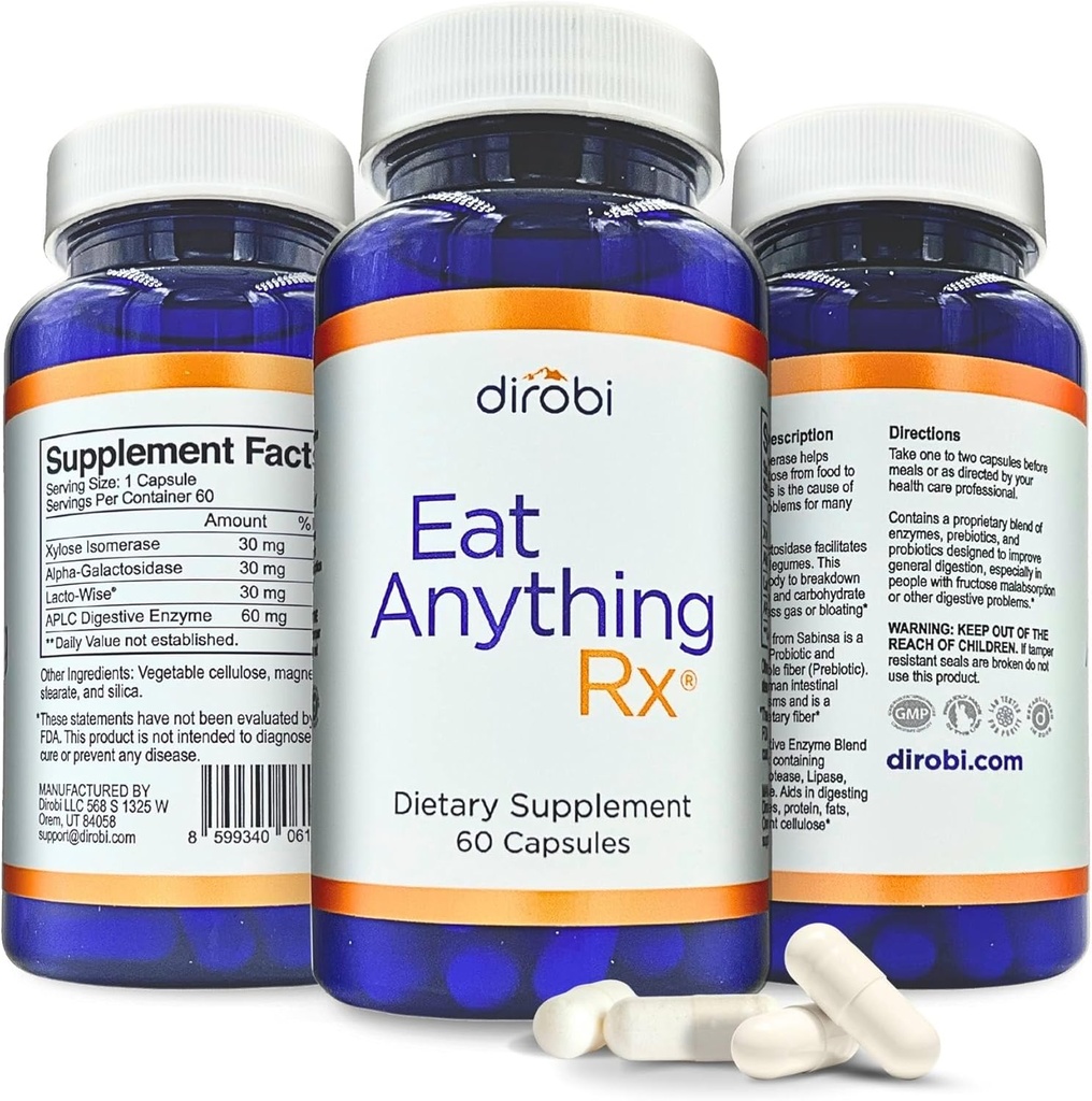 Dirobi Mangez n'importe quoi Xylose Isomérase Fructose Enzymes de malabsorption, Supplément FODMAP, Enzymes digestifs pour une meilleure lactose, graisse, protéines et glucides Digestion Gaz et dégel 60 Capsules
