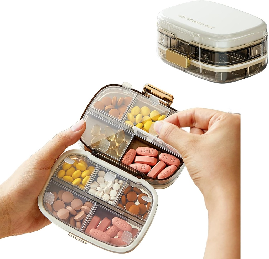 Travel Pill Organizer, Dispenser with 10 Large Compartments, Portable Pill Bottle Organizer, Supplement Medication Holder Large Capacity Daily, for Vitamins, Fish Oils, Supplements (White)