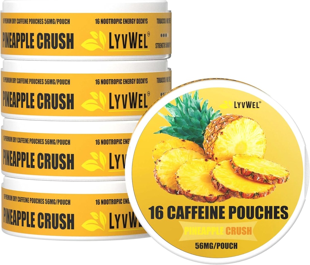 LyvWel 56mg Pouches d'énergie caféine – Ananas – Énergie propre et focus boost avec Guarana – 5-paquets avec 16 Pouches par boîte (80 Pouches totales)