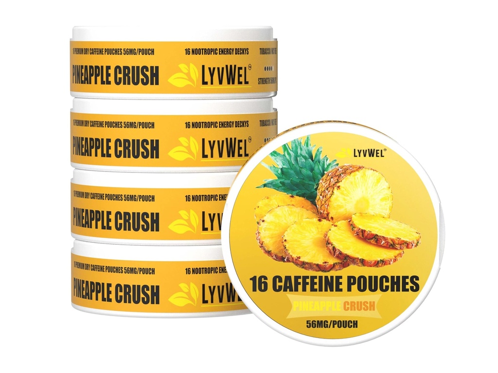 LyvWel 56mg Pouches d'énergie caféine – Ananas – Énergie propre et focus boost avec Guarana – 5-paquets avec 16 Pouches par boîte (80 Pouches totales)