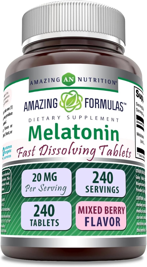 Formules étonnantes Melatonin Supplément à dissolution rapide (mélange de baies) 20 Mg par service (en anglais) 240 comprimés (en anglais) Non-GMO (sans gluten) Fabriqué aux États-Unis
