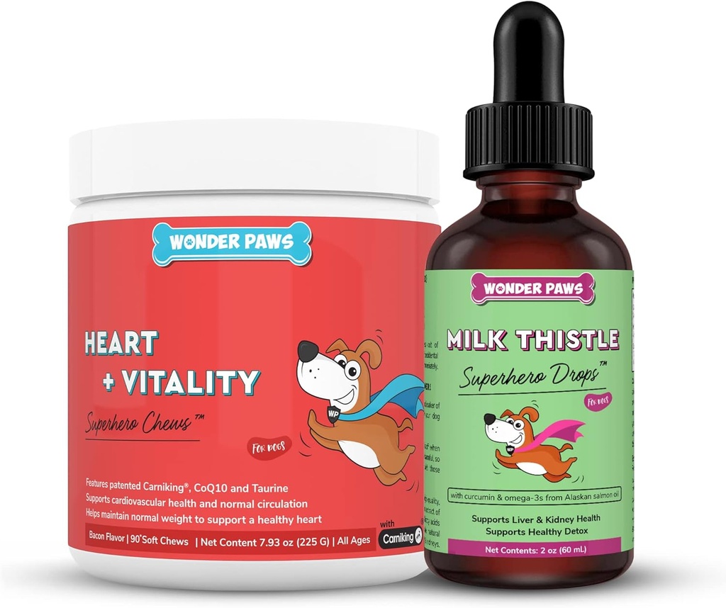 WONDER PAWS Heart + Vitality Superhero Chews Plus Lait Des gouttes de chardon - pour chiens Santé cardiaque, Circulation, Foie & Immunissance Support - Heart + Vitality 90 Chews - Lait Des gouttes de chardon 2 Onces