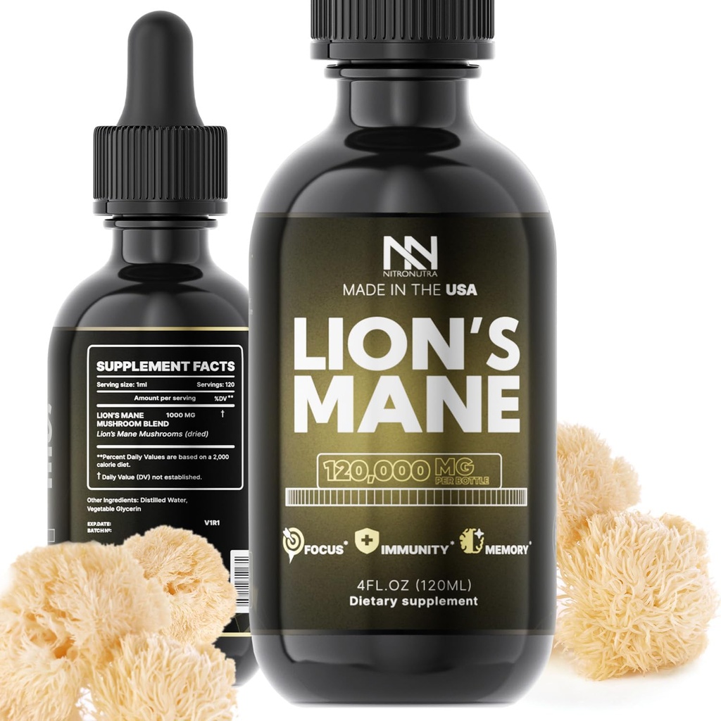 Supplément de Champignons Lions Mane - Extrait biologique de Mane Lions pour la santé du cerveau, la mémoire, le focus et le soutien immunitaire - Teinture liquide végétalienne nootropique - Fabriqué aux États-Unis - 4 Fl Oz