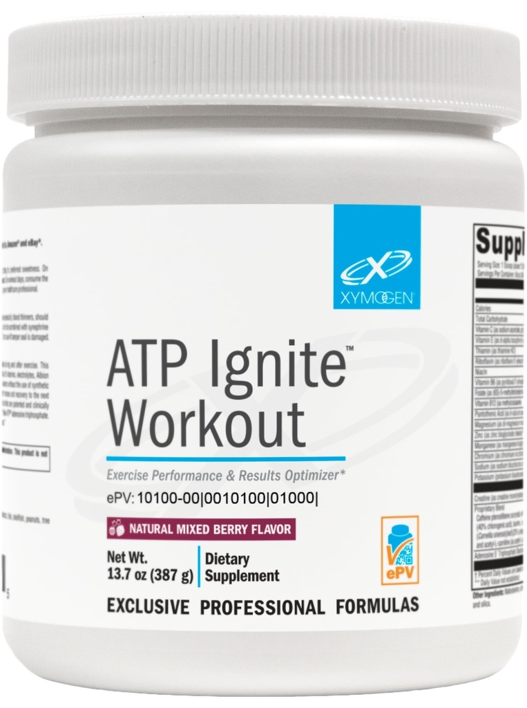 XYMOGEN ATP Ignite Workout Powder - Supporte Performance, Récupération, Énergie + Electrolyte Remplacement avec Aminos, Vitamines, Electrolytes + 95mg Caféine - Mélange de pré-entraînement de baies mélangées (13,7 oz)