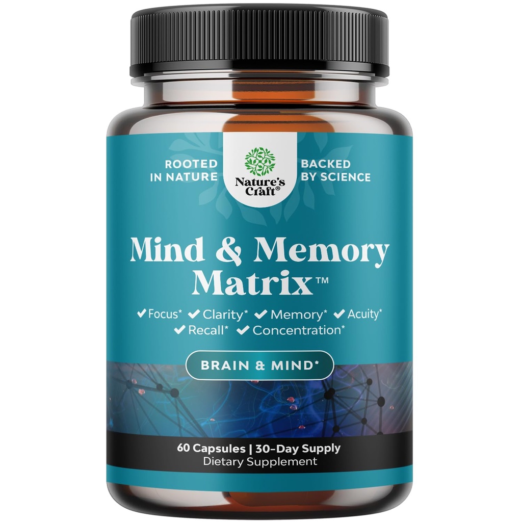 Supplément Cerveau Nootrope pour la mémoire et l'amélioration de la concentration - Vitamines pour la santé mentale et la clarté avec VIT A, B6, Riboflavine, Niacine, Thiamine et Folate - Complexe cognitif pour la vitalité mentale - 60 Ct