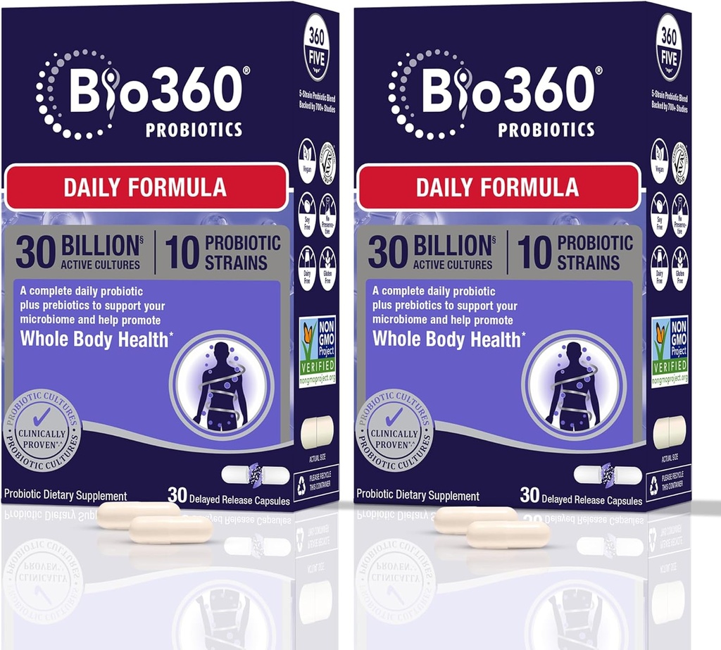 Bio360 Supplément probiotique quotidien adulte pour les femmes et les hommes, 30 milliards UFC, 10 souches, fibres prébiotiques organiques, santé digestive et immunitaire, constipation occasionnelle, diarrhée et ballonnement, 30CT (2 pack)