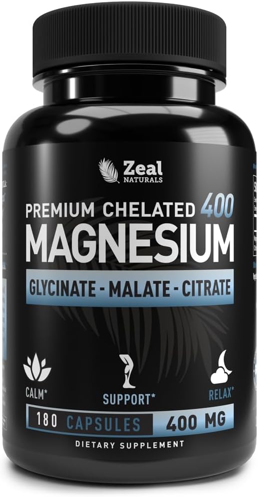 Glycinat de magnésium, malate, citrate (400mg) 180 Capsules) Complexe de Magnésium Triple Blend w. Glycinat de magnésium et citrate de magnésium