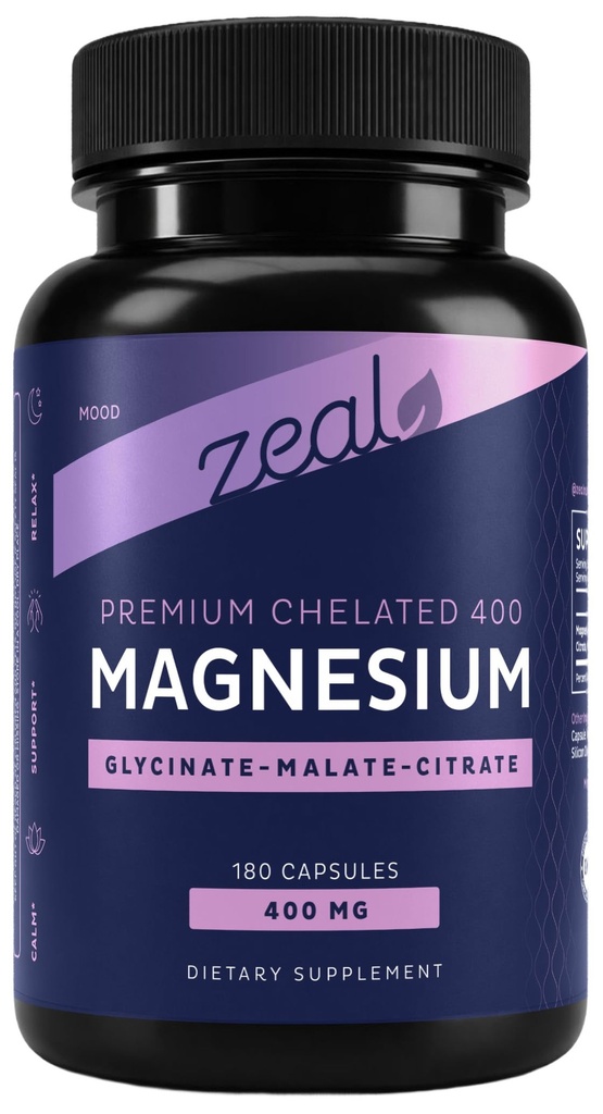 Glycinat de magnésium, malate, citrate (400mg) 180 Capsules) Complexe de Magnésium Triple Blend w. Glycinat de magnésium et citrate de magnésium
