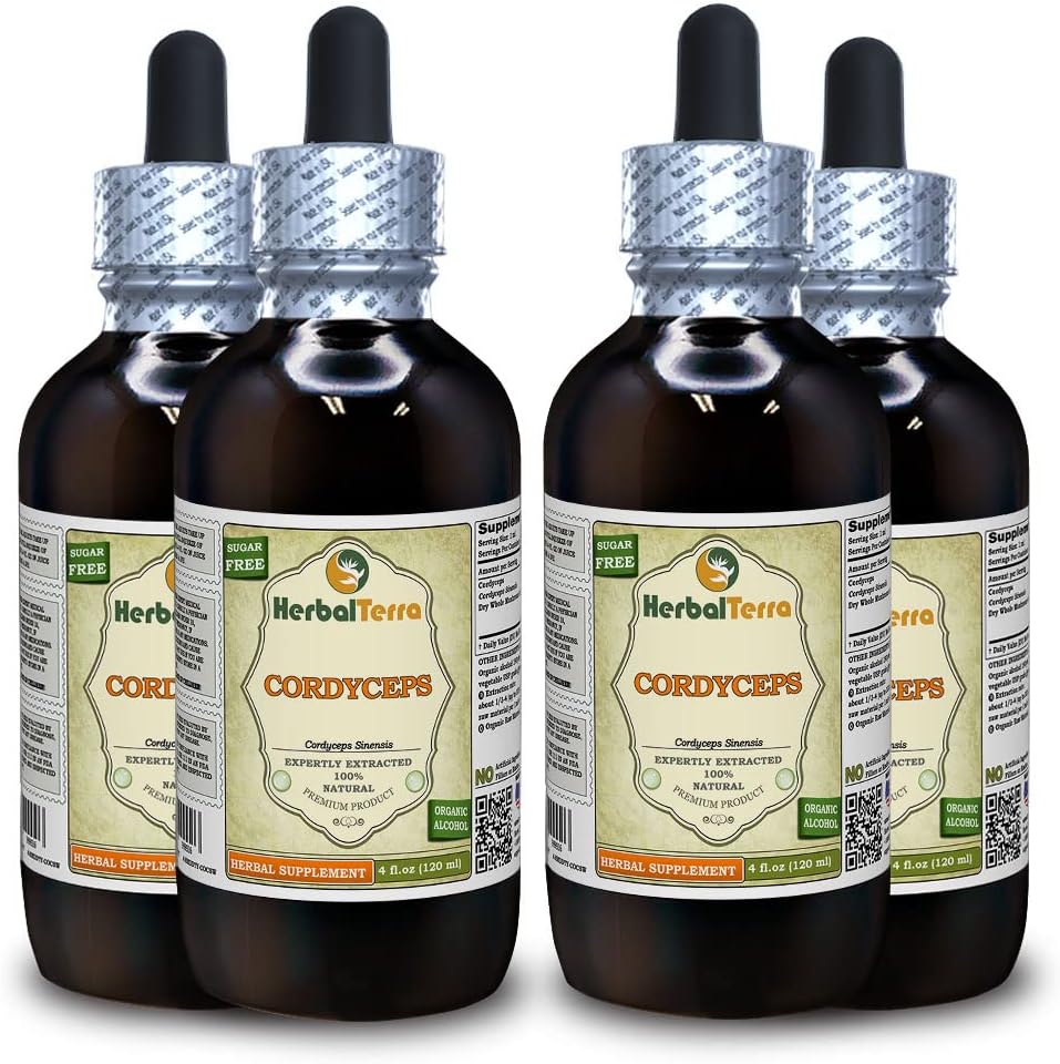 Cordyceps (Cordyceps Sinensis) Teinture, extrait liquide de poudre de champignons séchés organiques (marque : HerbalTerra, fièrement fabriqué aux États-Unis) 4x4 fl.oz (4x120 ml)