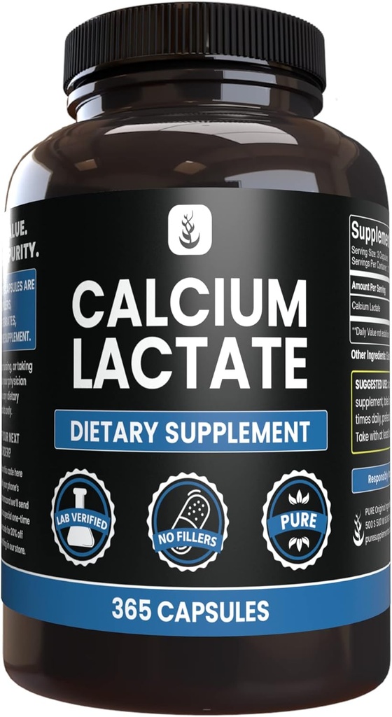 Ingrédients originaux purs Lactate de calcium (365 Capsules) Pas de Magnésium ou de Rice Fillers, Toujours Pure, Verified Lab