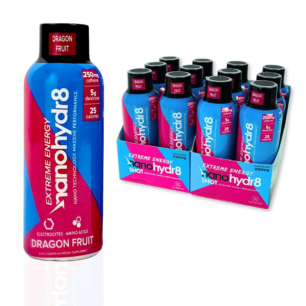 Nanohydr8 boisson d'énergie d'entraînement avec la nanotechnologie pour l'hydratation rapide et la récupération d'électrolytes, 4 Ounce Shooter, Dragon Fruit Extreme 12 Pack