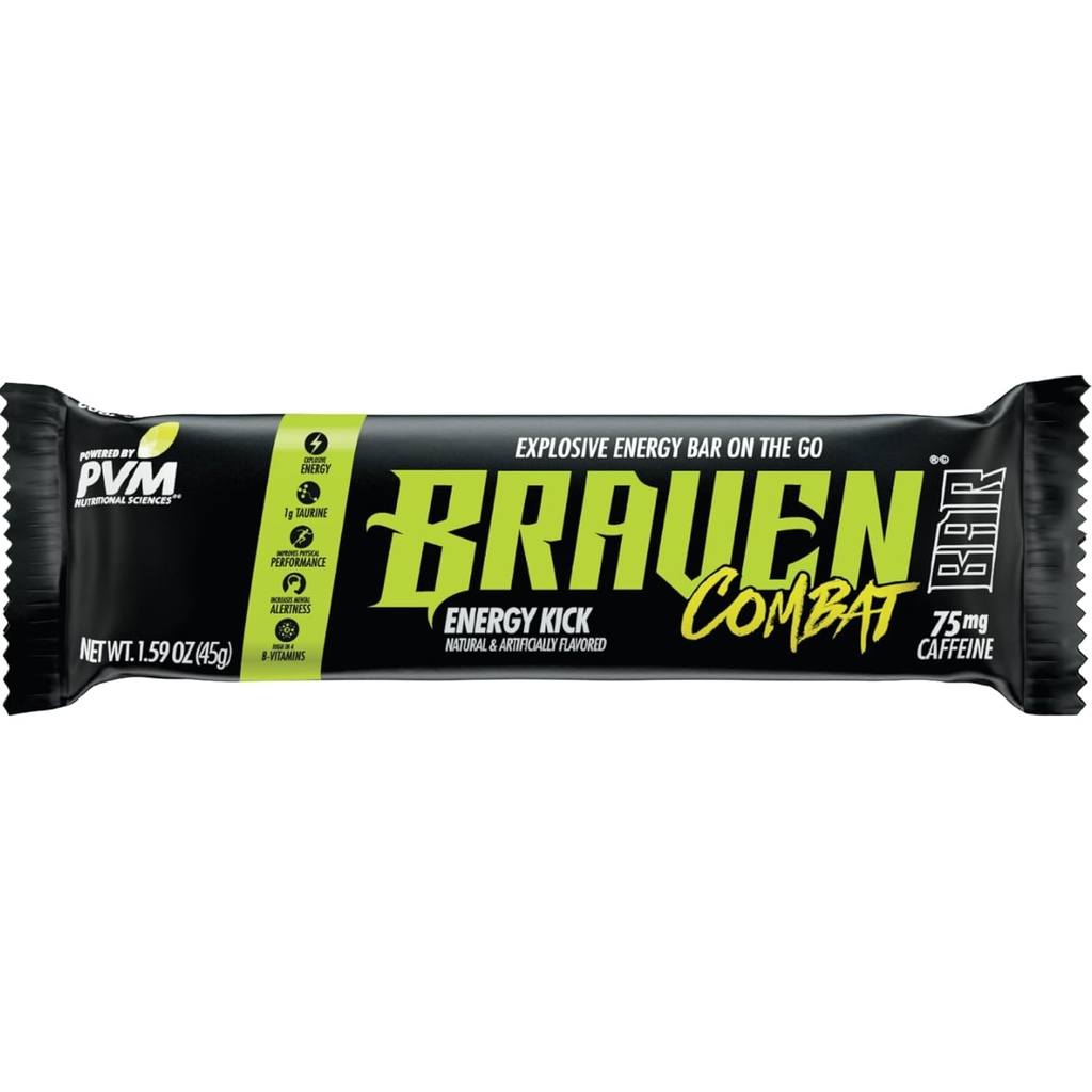 Barres d'énergie Braven Combat Energy Kick avec caféine (1,59 oz, paquet de 20) – Barres d'énergie on-the-Go avec 75mg de caféine – collations sans gluten – Alternative à l'énergie avec caféine
