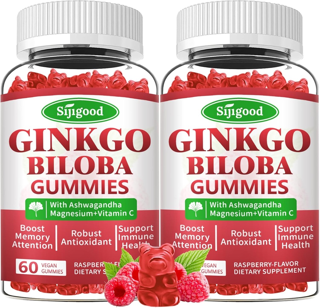 2 Pack Ginkgo Biloba Gummies avec Panax Ginseng et Magnésium, Ginkgo Biloba Suppléments pour la focus, la mémoire et la santé cérébrale pour les adultes et les enfants, Vegan Raspberry Flamvor Gummies, 120 Comte