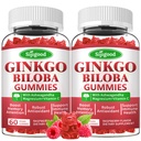 2 Pack Ginkgo Biloba Gummies avec Panax Ginseng et Magnésium, Ginkgo Biloba Suppléments pour la focus, la mémoire et la santé cérébrale pour les adultes et les enfants, Vegan Raspberry Flamvor Gummies, 120 Comte