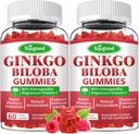 2 Pack Ginkgo Biloba Gummies avec Panax Ginseng et Magnésium, Ginkgo Biloba Suppléments pour la focus, la mémoire et la santé cérébrale pour les adultes et les enfants, Vegan Raspberry Flamvor Gummies, 120 Comte