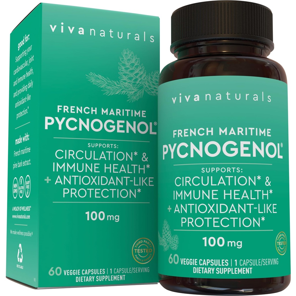 Viva Naturals Pycnogenol - 100mg Extrait d'écorce de pin Maritime français – soutient la circulation, l'activité antioxydante, les articulations et l'immunosanté et la fonction – 60 capsules de légumes