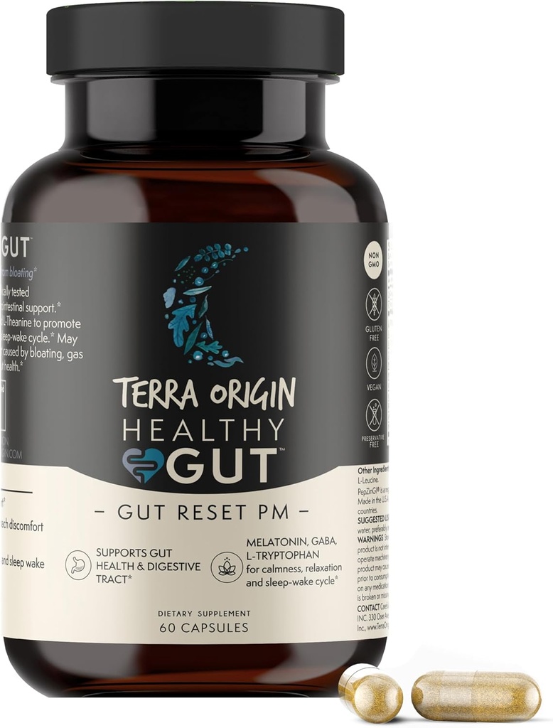 ORIGINE DE TERRA Gut sain Réinitialiser le PM.60 Capsules de Veggie Supplément d'aide au sommeil naturel pour les cycles de sommeil et de réveil.