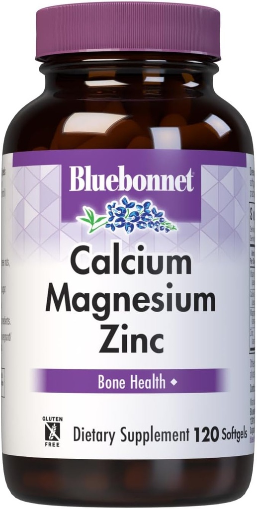 Bluebonnet Nutrition Calcium Magnésium Zinc Plus Vitamine D3, 1000 mg de Calcium, 500 mg de Magnésium et 15 mg de Zinc, 400UI Vitamine D3, Pour des os sains forts*, sans gluten, sans fèves laitières, 120 softgel
