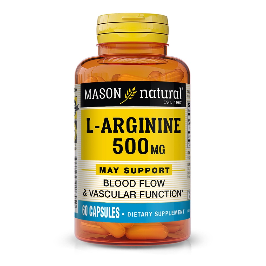MASON NATURAL L-Arginine 500 mg avec du calcium- soutient la circulation saine et la fonction vasculaire, supplément d'oxyde nitrique, 60 capsules