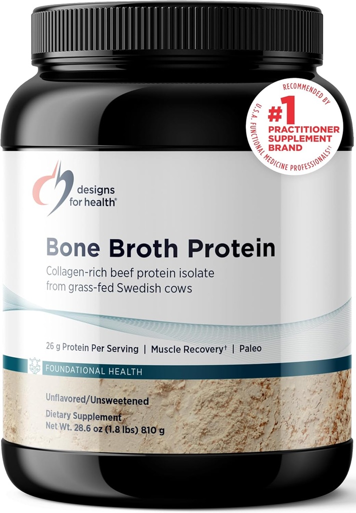 Designs for Health Bone Broth Protein Powder - 26g Herbe-Fed, Collagen-Rich Protein Beef Protein Isolate – Non aromatisé, Paléo, Non-OGM, Sans Lait (30 portions / 810g)