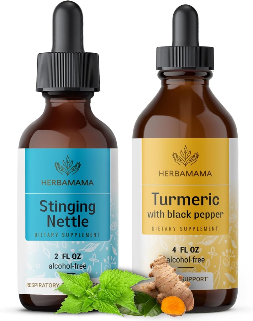 HERBAMAMA Herbal Liquid Drops Kit - Ensemble de Sting Nettle 2 fl oz & Curcumine curcuma Teinture 4 fl oz - végétalien, non-OGM, sans sucre et sans alcool - 2 Pack