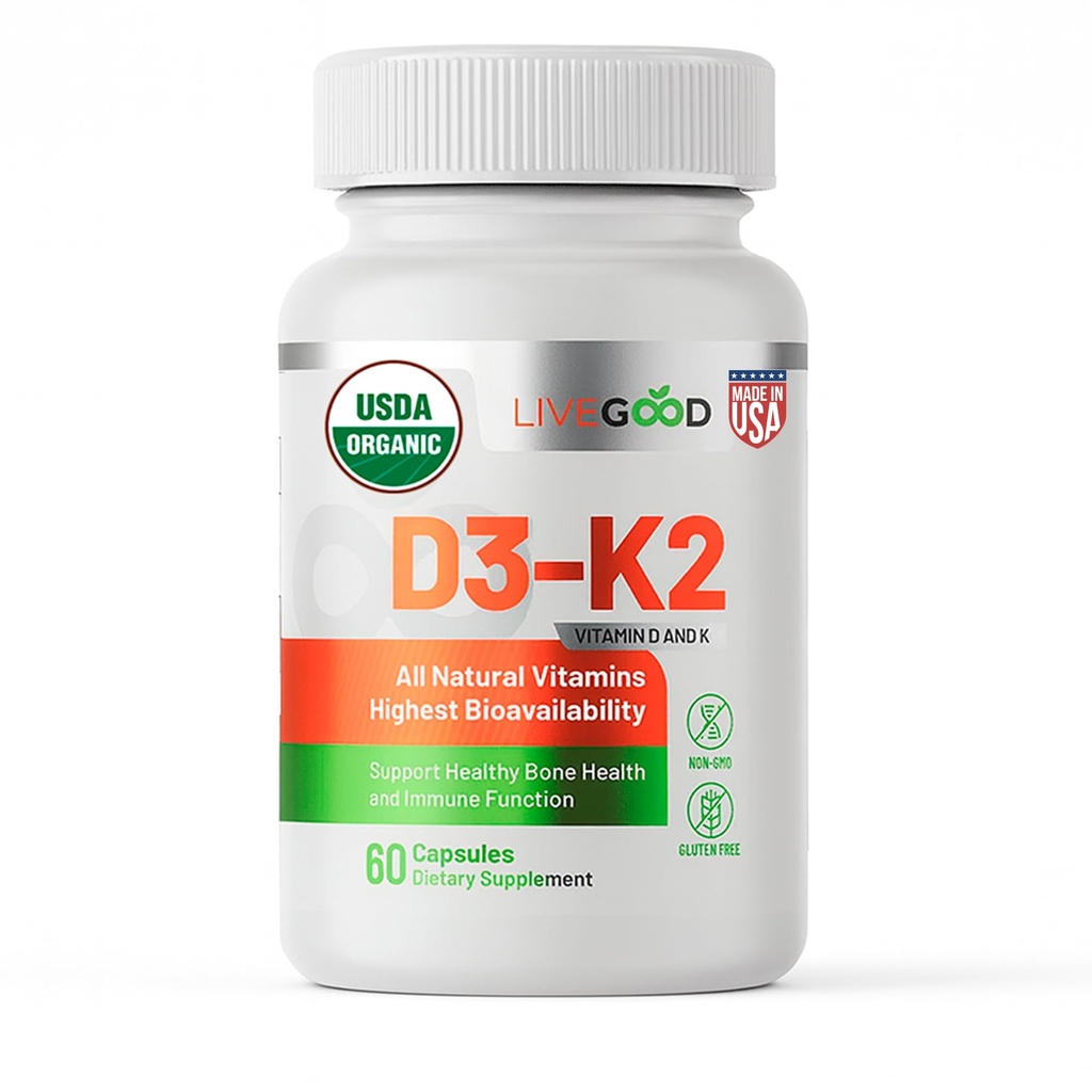 LIVEGOOD Organic D3 K2 Supplément 2000 UI, Capsules Vegan avec MK-7, Vitamine Pure D3 avec K2 pour Immune, et Bone Support Fabriqué aux USA Organic D3 K2 Formule (60 Count)