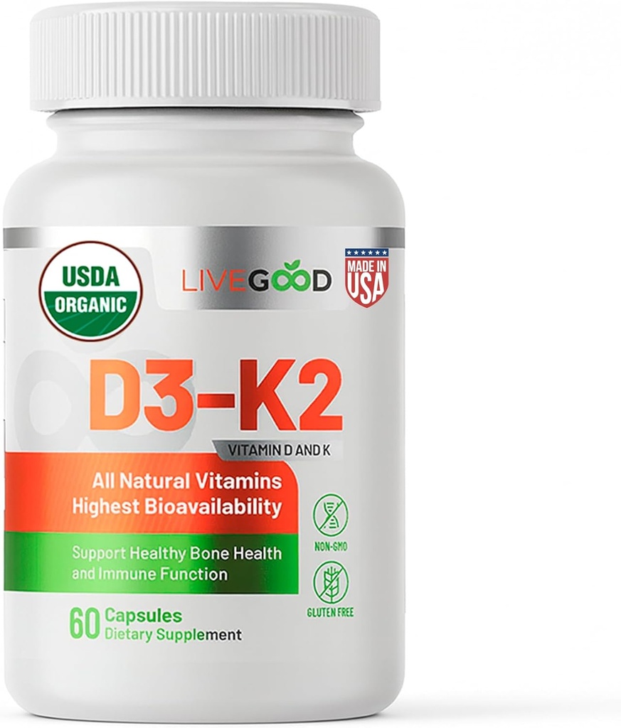 LIVEGOODTM Vitamine D3 + K2 All Natural Bone, Muscle & Immune System Support, Vegan & Non-GMO, 60 Capsules